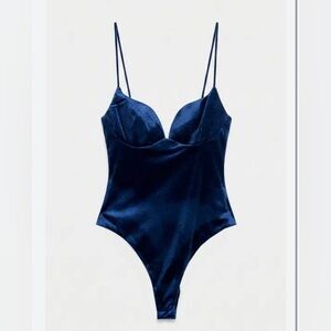 Zara Midnight Blue Velvet Strappy Bodysuit